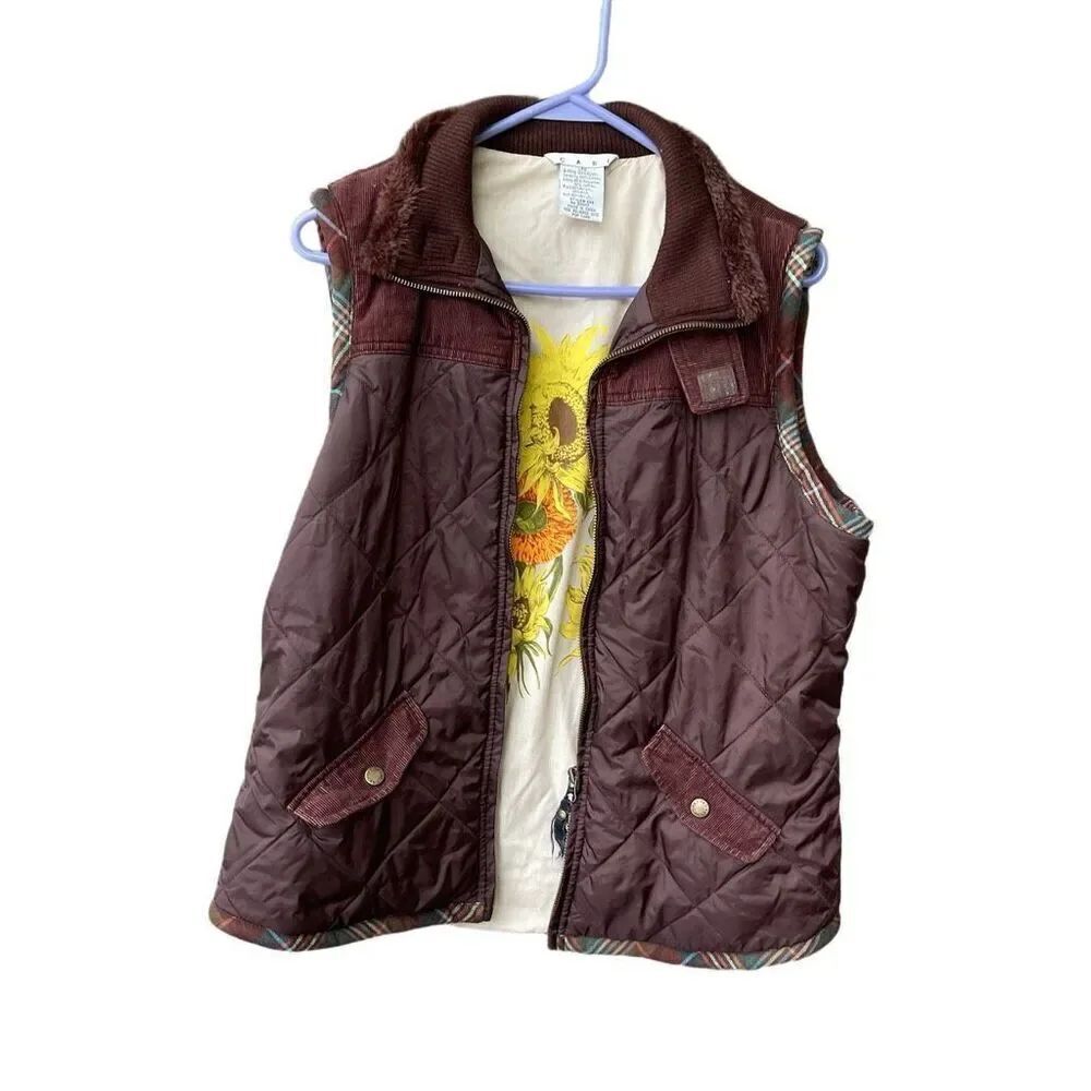 Cabi size L quilted brown vest with sunflower interior